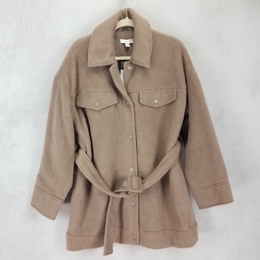 NWT Topshop 6 Clara Shirt Jacket Shacket Mink Coat Brown Belted Snaps Wool